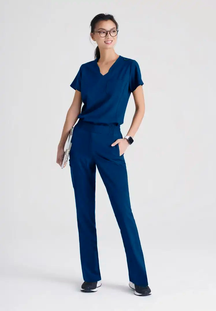 Grey's Anatomy™ Evolve "Sway" Banded V-Neck Tuck-In Top - Indigo - The Uniform Store
