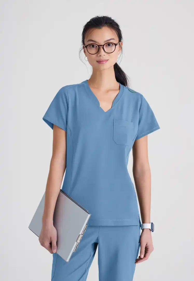 Grey's Anatomy™ Evolve "Sway" Banded V-Neck Tuck-In Top - Ciel Blue - The Uniform Store