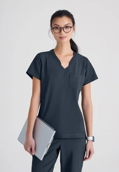 Grey's Anatomy™ Evolve "Sway" Banded V-Neck Tuck-In Top - Steel - The Uniform Store
