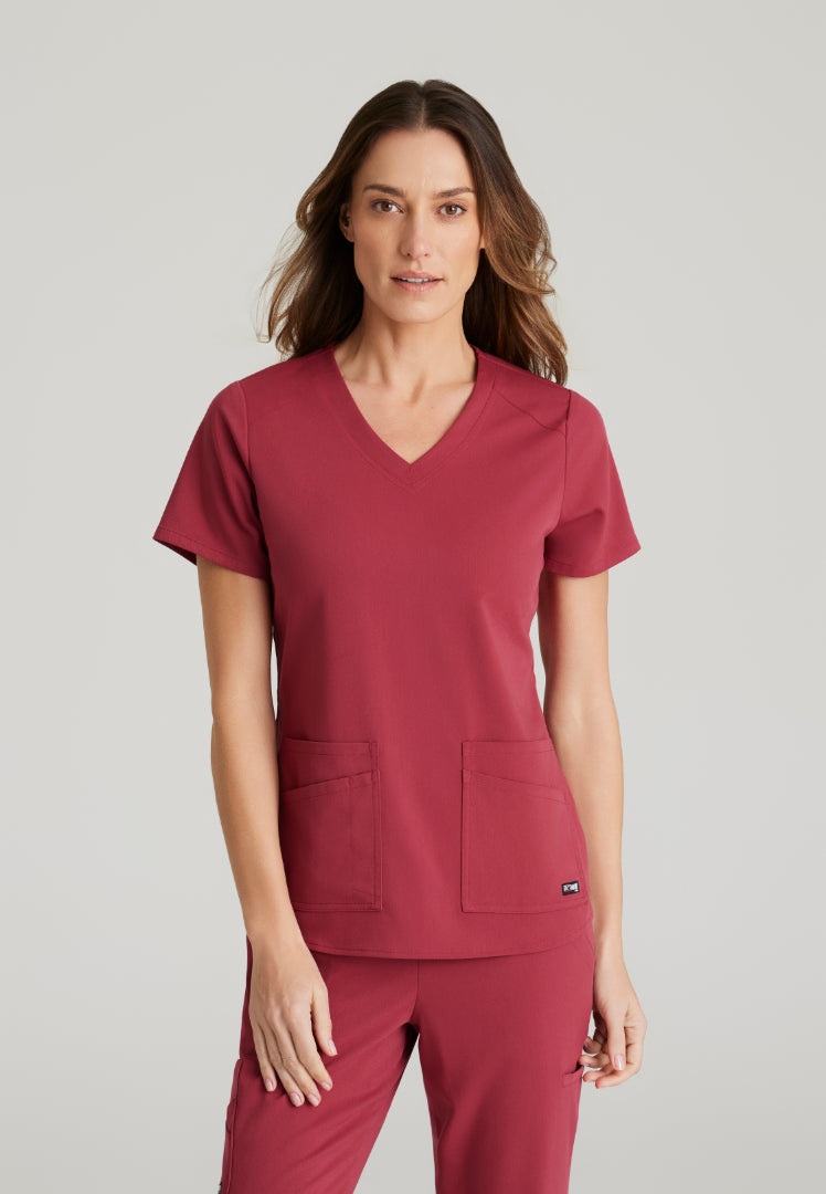 Grey's Anatomy™ Spandex Stretch "Emma" 4-Pocket V-Neck Scrub Top - Maple Red