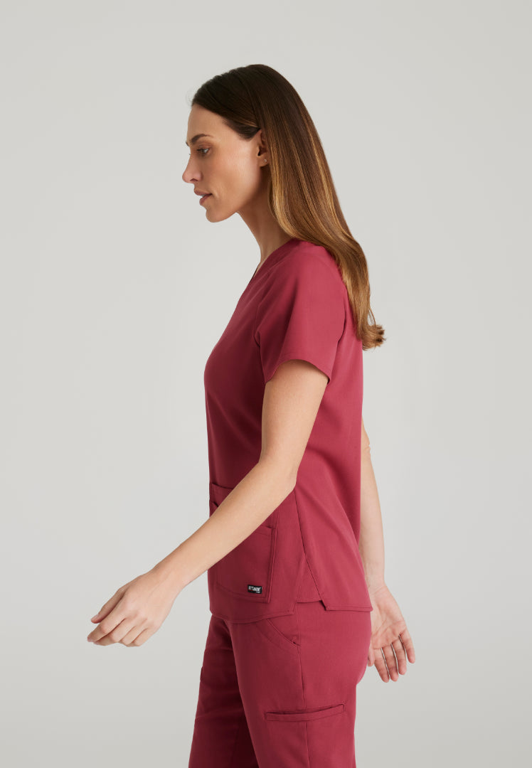 Grey's Anatomy™ Spandex Stretch "Emma" 4-Pocket V-Neck Scrub Top - Maple Red