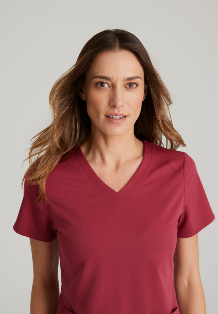 Grey's Anatomy™ Spandex Stretch "Emma" 4-Pocket V-Neck Scrub Top - Maple Red