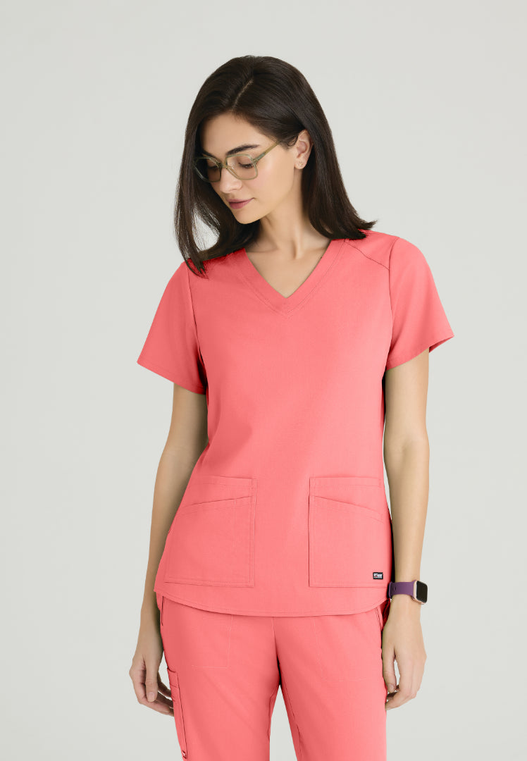 Emma 4-Pocket V-Neck Scrub Top - Coral Bloom