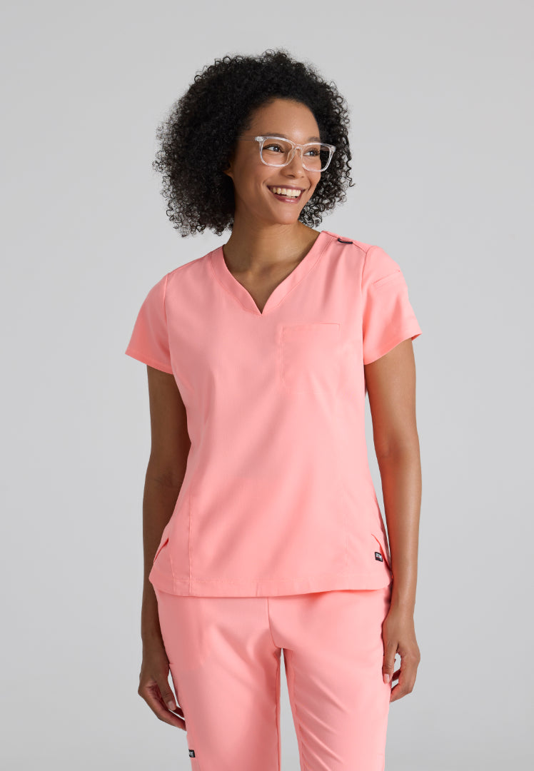 Grey's Anatomy™ Spandex Stretch "Capri" 2-Pocket Scrub Top - Bright Papaya