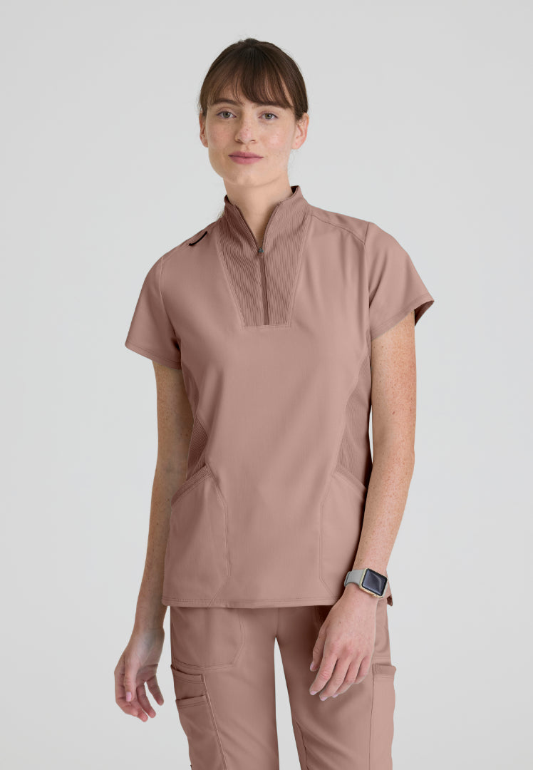Kristi 2-Pocket Zip Front Scrub Top - Warm Mocha