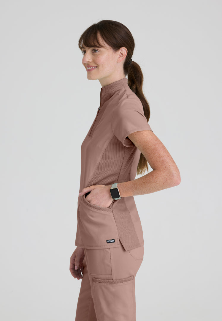 Kristi 2-Pocket Zip Front Scrub Top - Warm Mocha