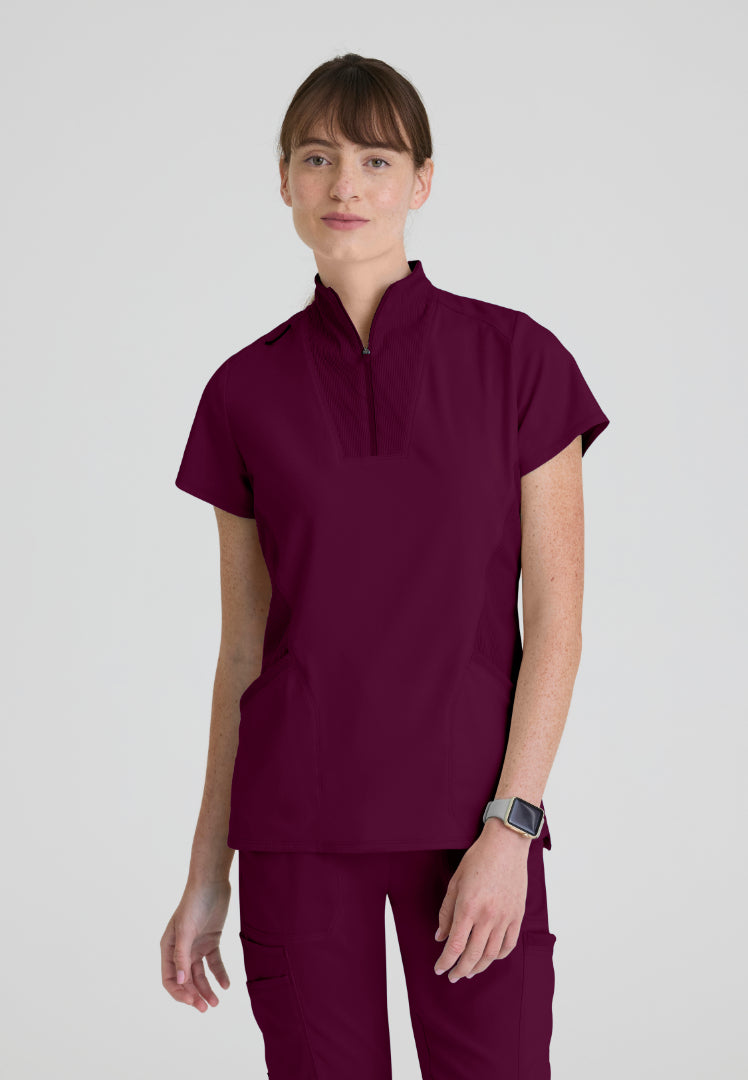 Kristi 2-Pocket Zip Front Scrub Top - Wine