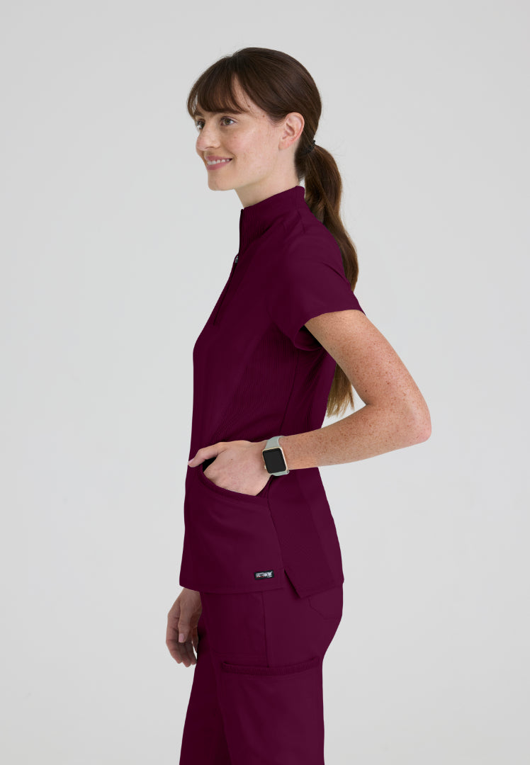 Kristi 2-Pocket Zip Front Scrub Top - Wine