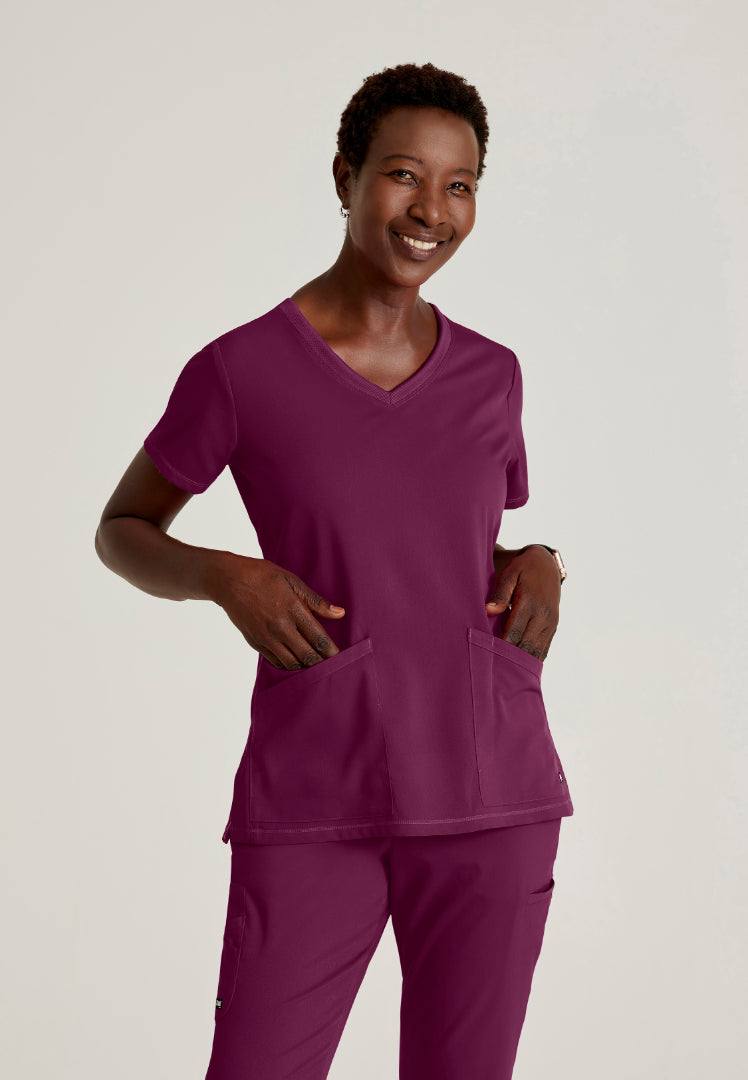Blusa médica acanalada de 3 bolsillos Serena - Vino