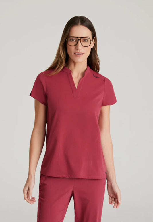 Haut d'uniforme médical à 2 poches en élasthanne extensible « Avery » Grey's Anatomy™ - Rouge érable