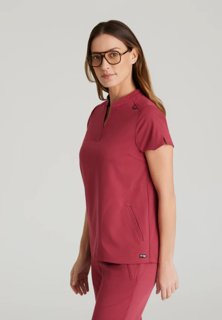 Grey's Anatomy™ Spandex Stretch "Avery" 2-Pocket Scrub Top - Maple Red