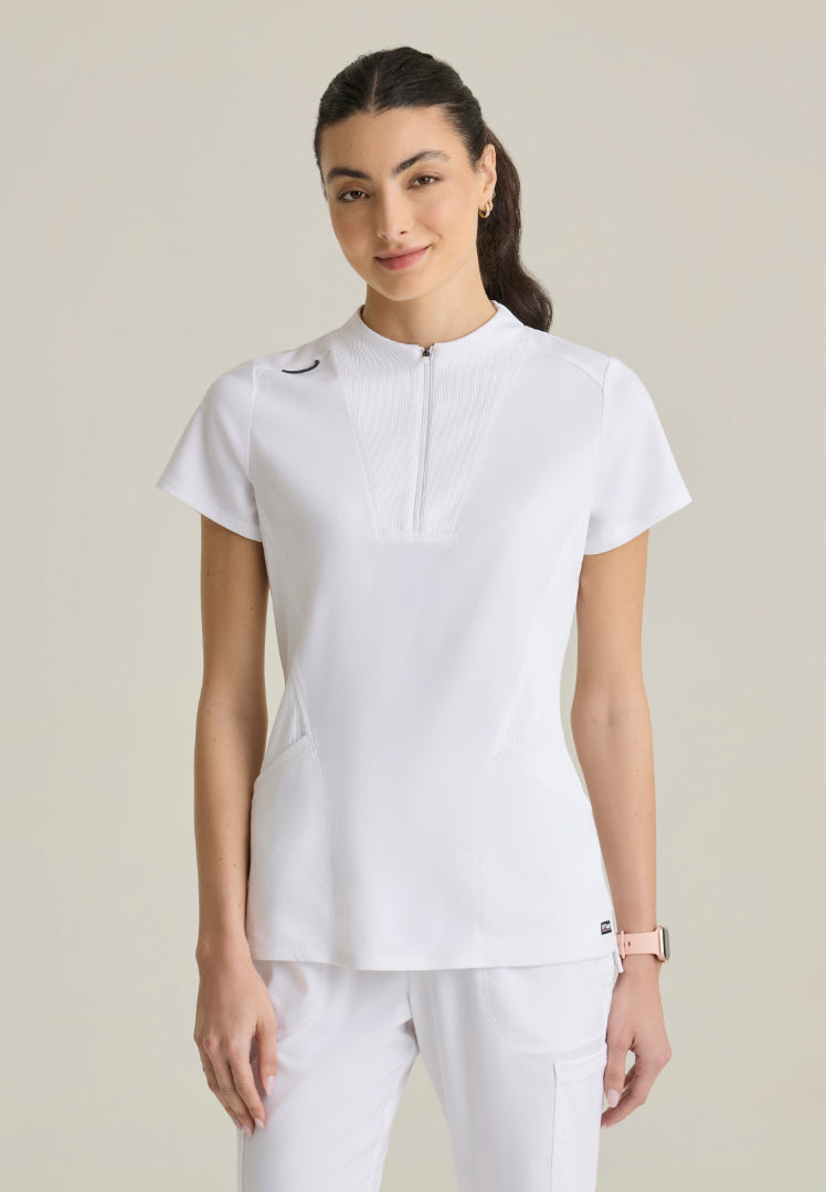Kristi 2-Pocket Zip Front Scrub Top - White