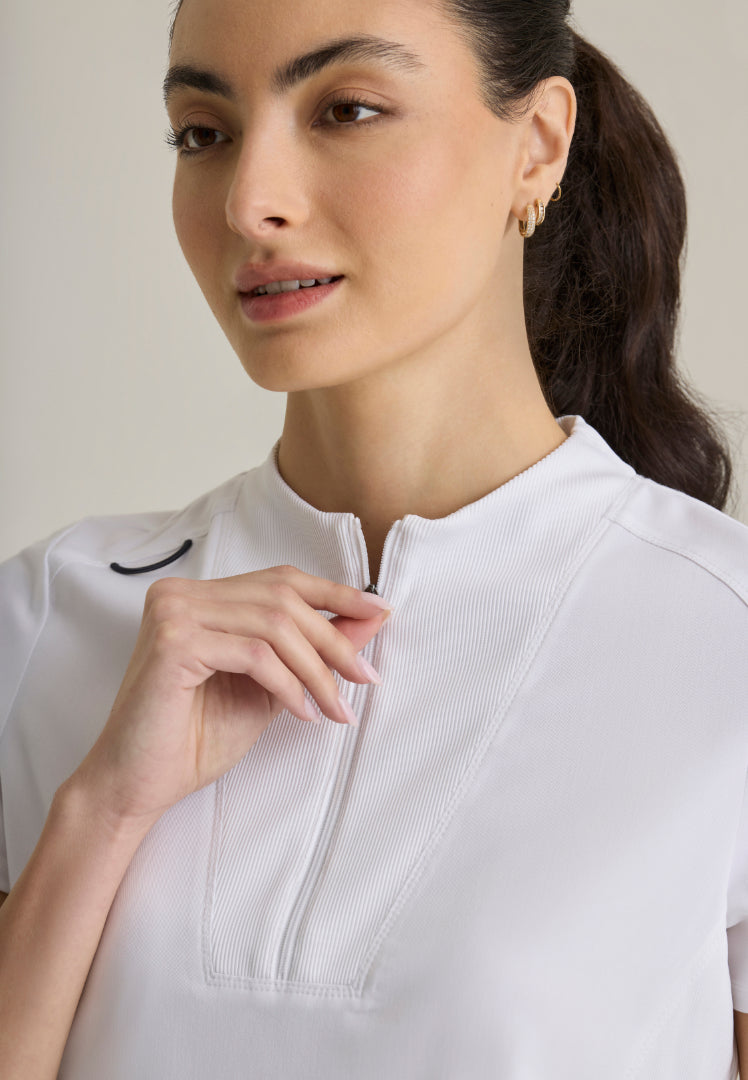 Kristi 2-Pocket Zip Front Scrub Top - White