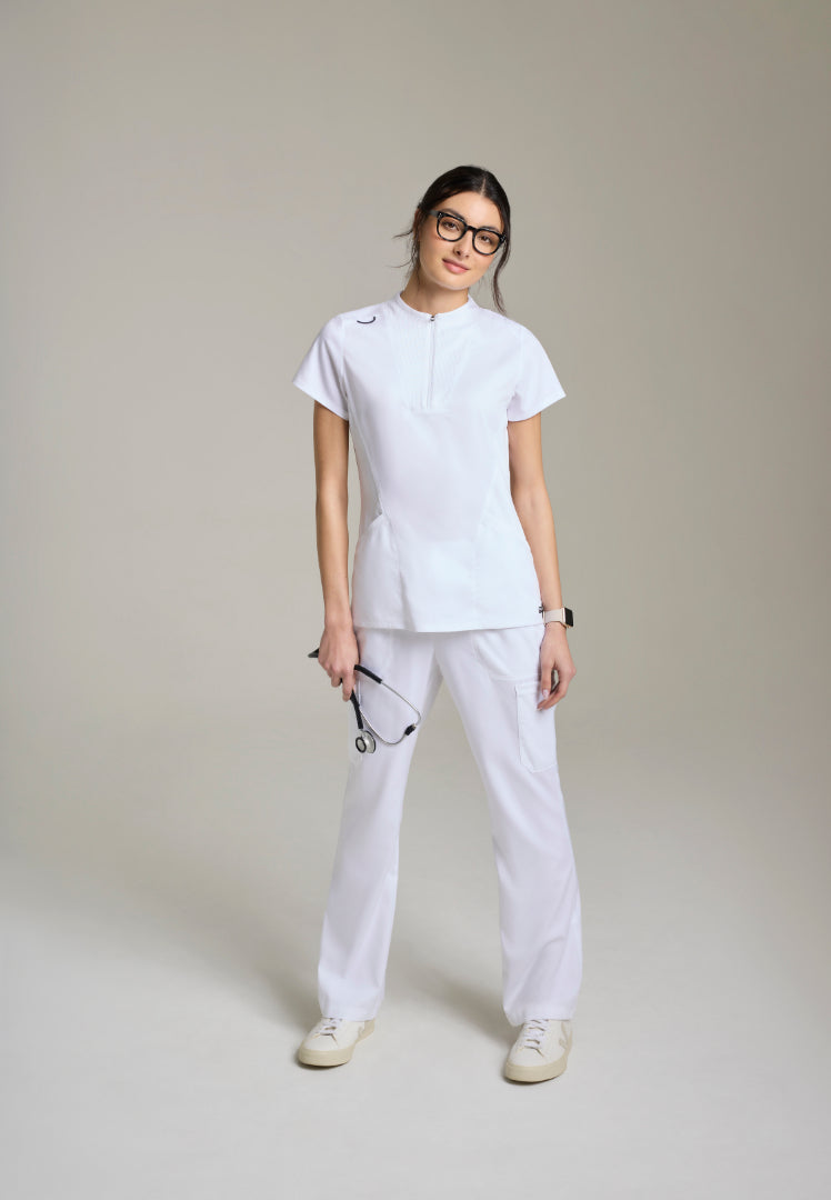 Kristi 2-Pocket Zip Front Scrub Top - White