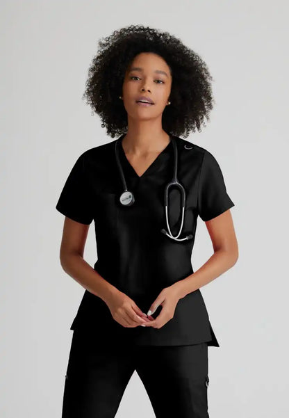 Grey's Anatomy™ Spandex Stretch "Bree" 1-Pocket Tuck In Top - Black - The Uniform Store