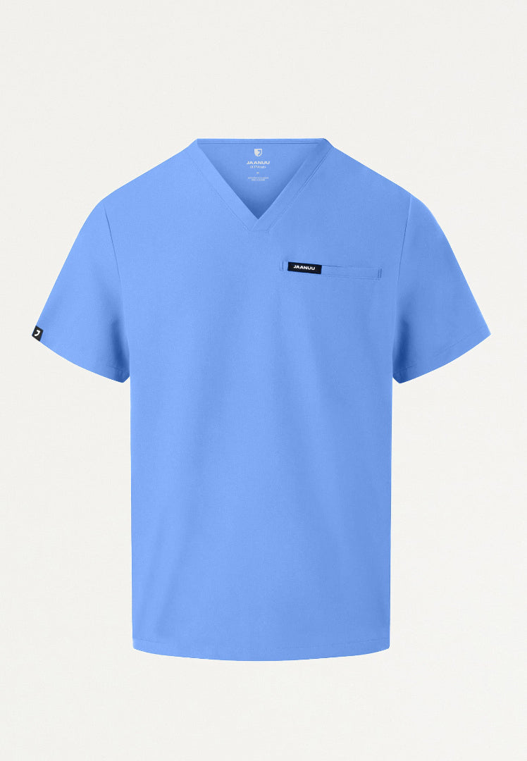 Ciel blue Jaanuu Platt men's scrub shirt with a brand logo on a light gray background