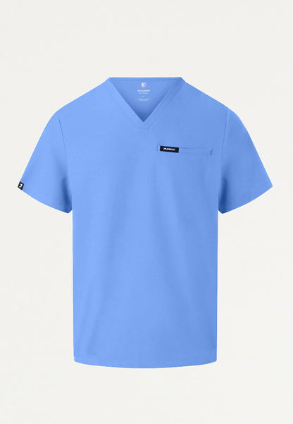 Ciel blue Jaanuu Platt men's scrub shirt with a brand logo on a light gray background