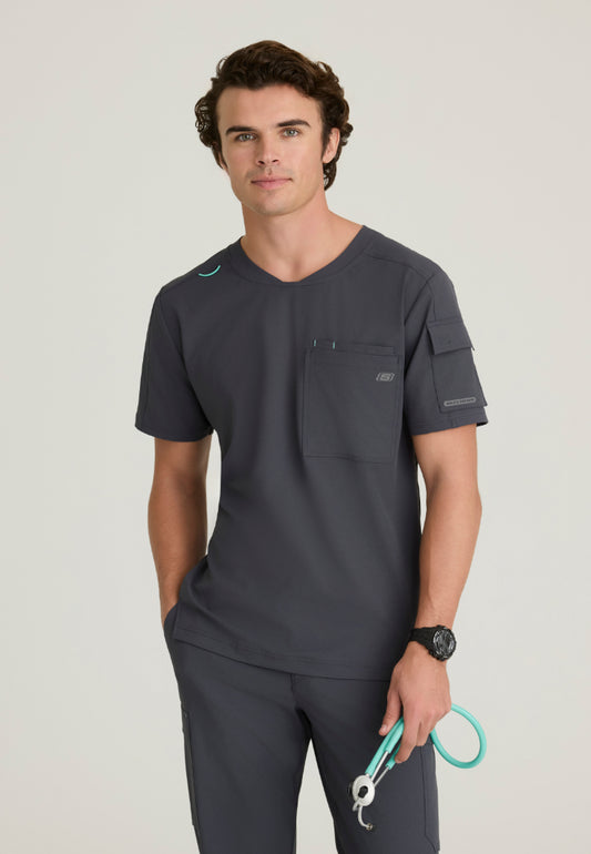 Station 3-Pocket Round Neck Scrub Top - Pewter