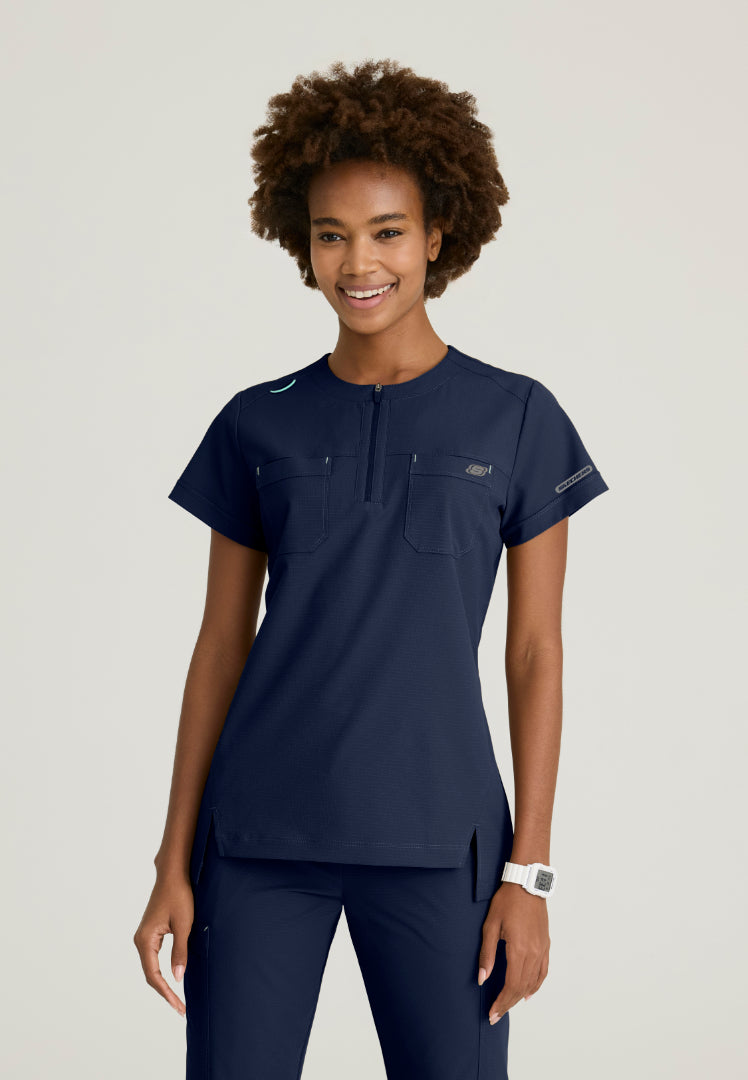 Trek Tuck-In Rounded Neck Scrub Top - Navy