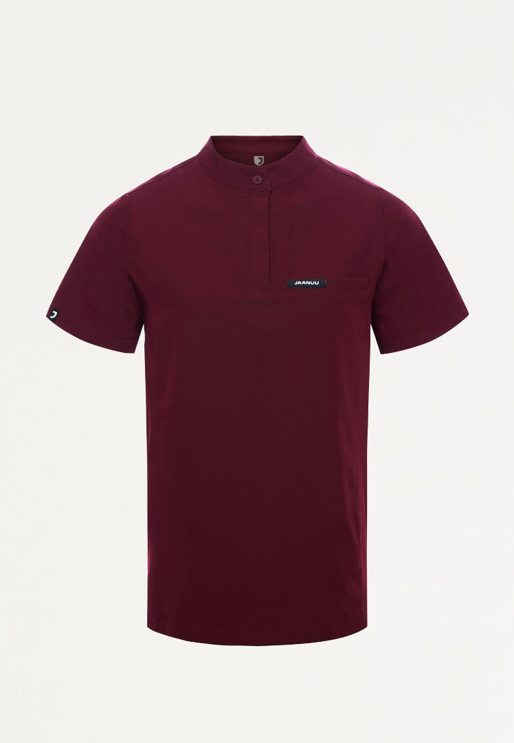 Savi Tuck-In Stand-Collar Scrub Top - Burgundy