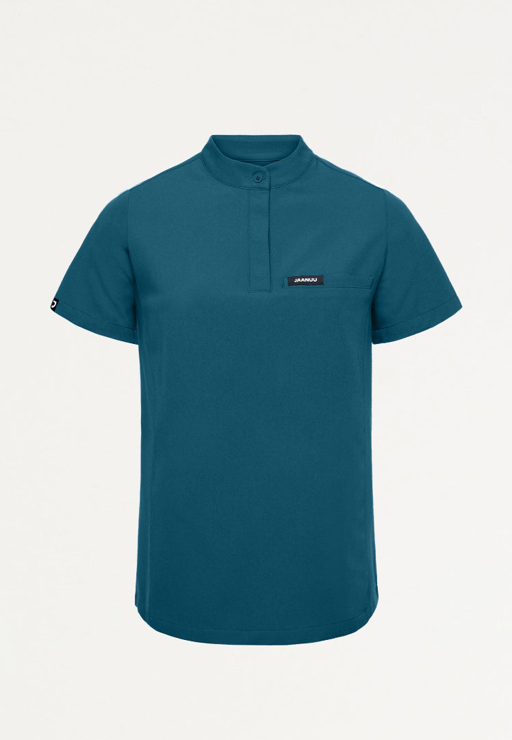 Savi Tuck-In Stand-Collar Scrub Top - Caribbean Blue