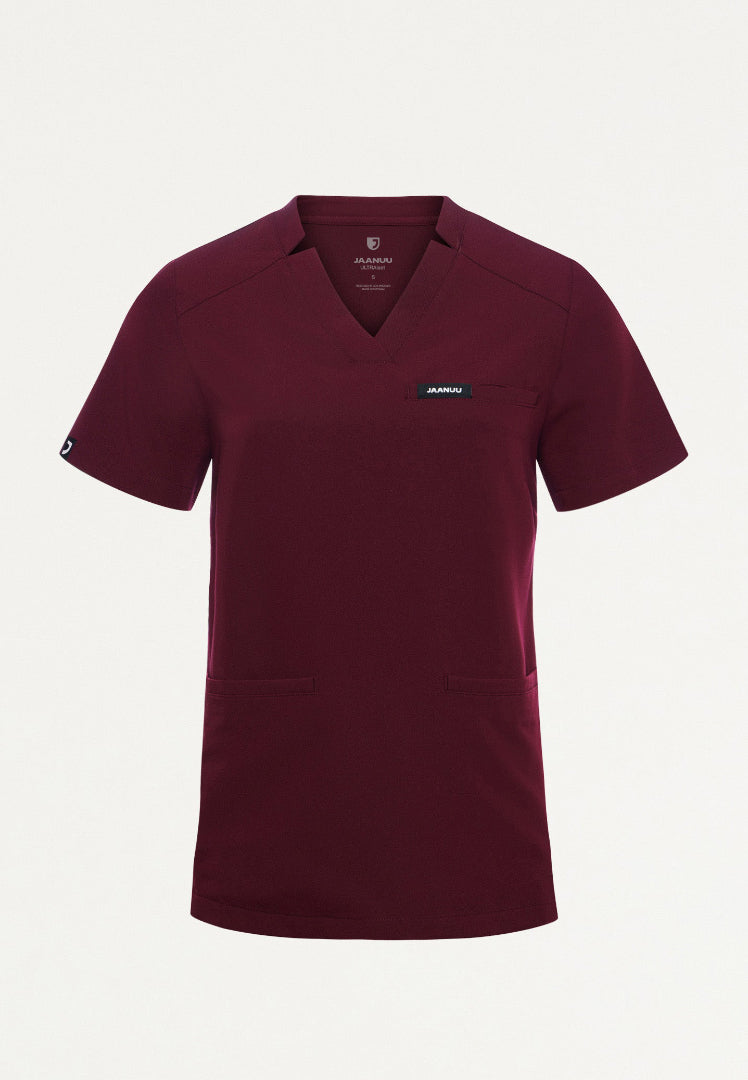 Helia Slim Notched V-Neck Scrub Top - Burgundy