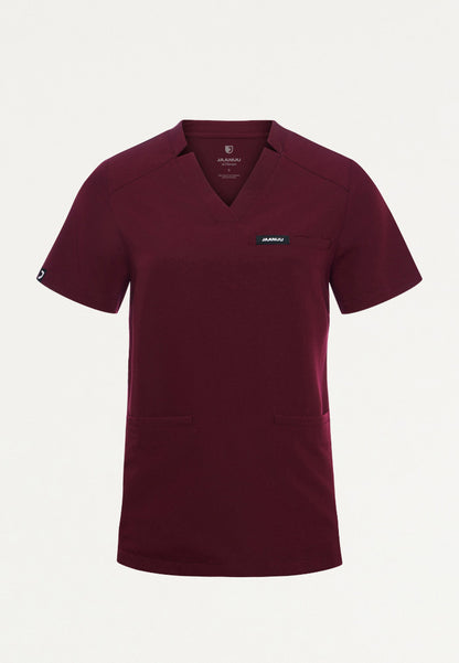 Helia Slim Notched V-Neck Scrub Top - Burgundy