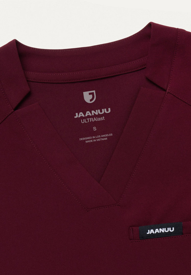 Helia Slim Notched V-Neck Scrub Top - Burgundy