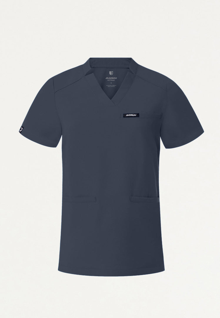 Helia Slim Notched V-Neck Scrub Top - Carbon Gray