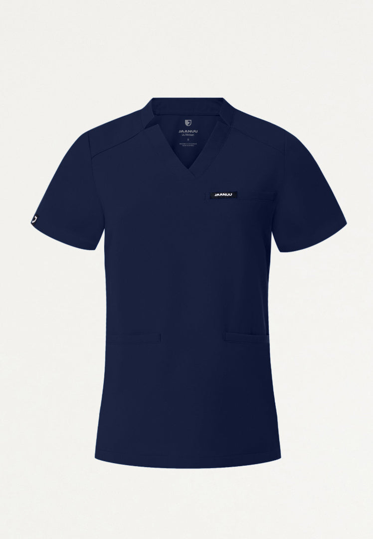 Blusa médica Helia Slim con cuello en V y muescas - Azul marino medianoche