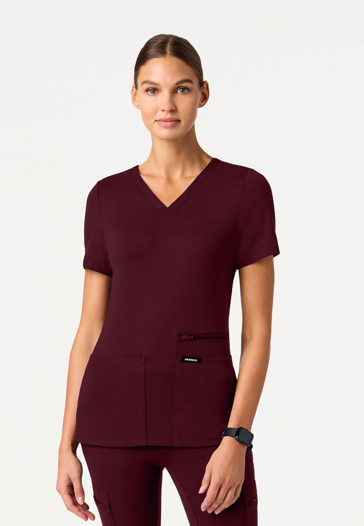 Kass Slim 4-Pocket UltraSOFT Scrub Top - Burgundy