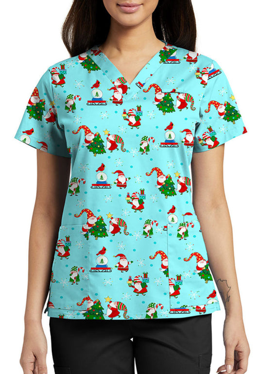 White Cross 3-Pocket V-Neck Scrub Top - Frosty Jollyflakes