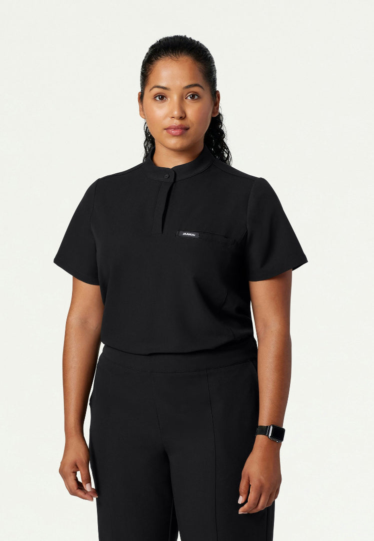 Savi Tuck-In Stand-Collar Scrub Top - Black