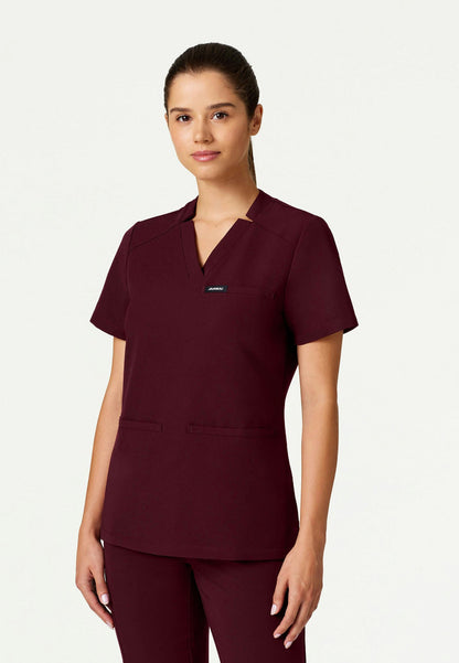 Helia Slim Notched V-Neck Scrub Top - Burgundy