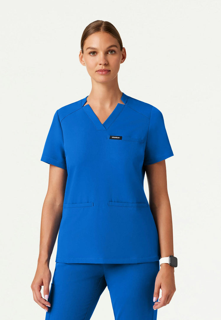 Blusa médica Helia Slim con cuello en V y muescas - Azul rey