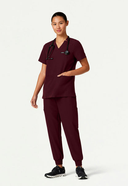 Helia Notched V-Neck Scrub Top - Burgundy