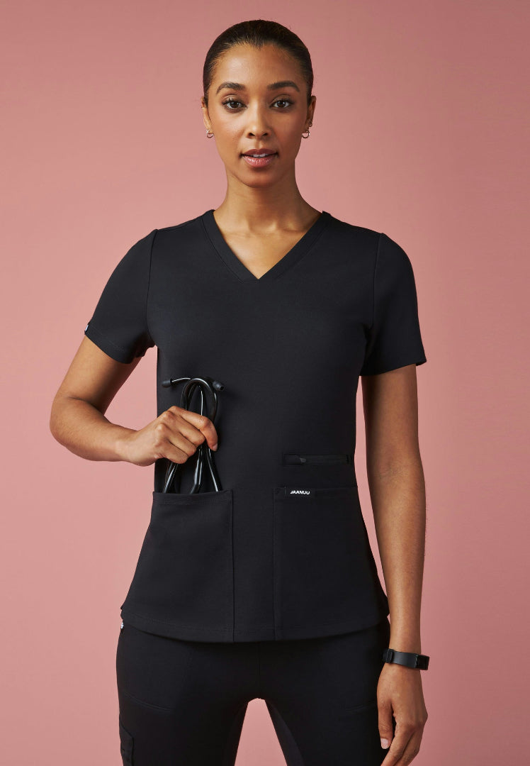 Kass Slim 4-Pocket UltraSOFT Scrub Top - Black