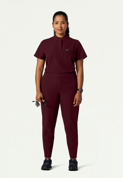 Savi Tuck-In Stand-Collar Scrub Top - Burgundy