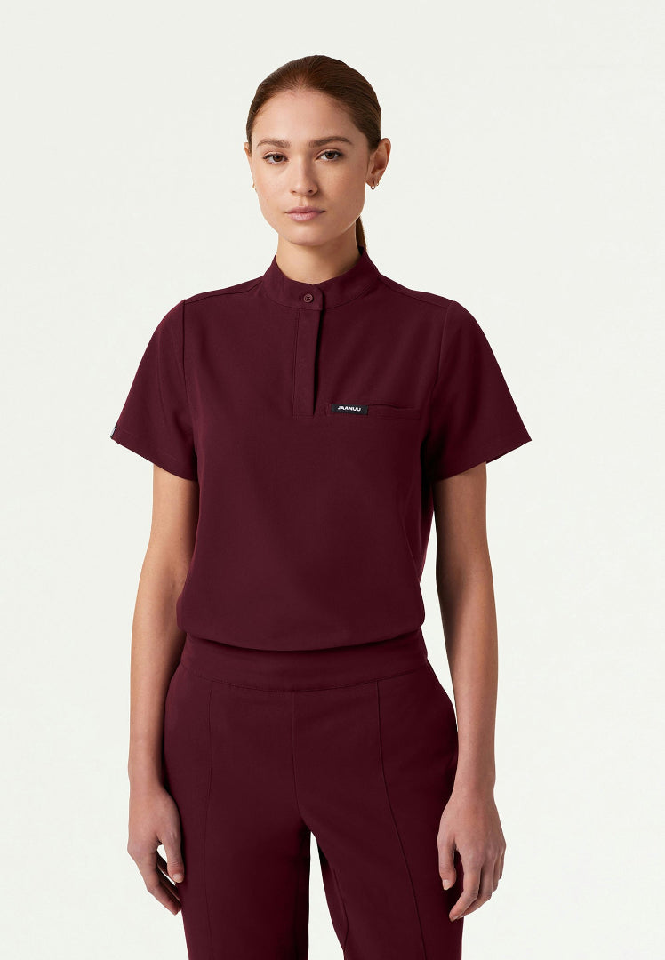 Savi Tuck-In Stand-Collar Scrub Top - Burgundy