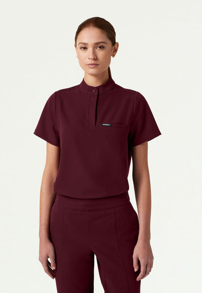 Savi Tuck-In Stand-Collar Scrub Top - Burgundy