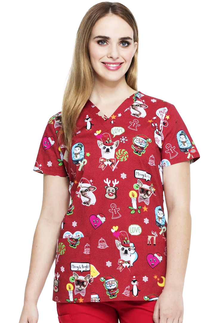 Dickies V-Neck Print Top - Hello Christmas