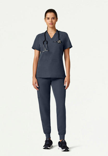 Helia Slim Notched V-Neck Scrub Top - Carbon Gray