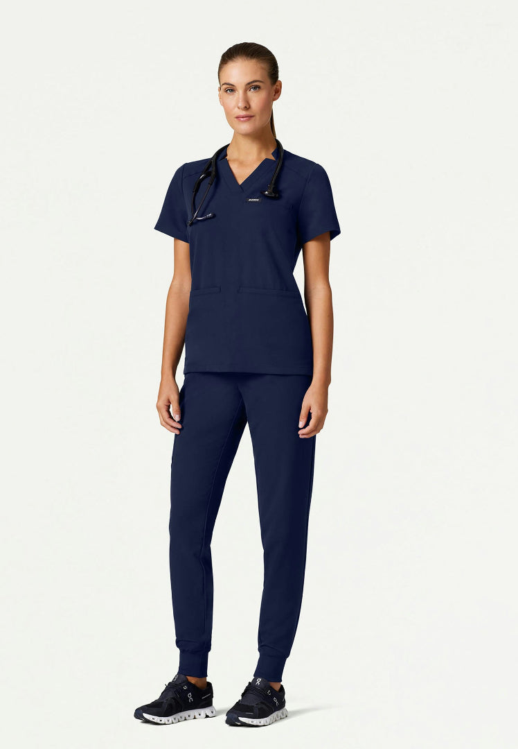 Blusa médica Helia Slim con cuello en V y muescas - Azul marino medianoche
