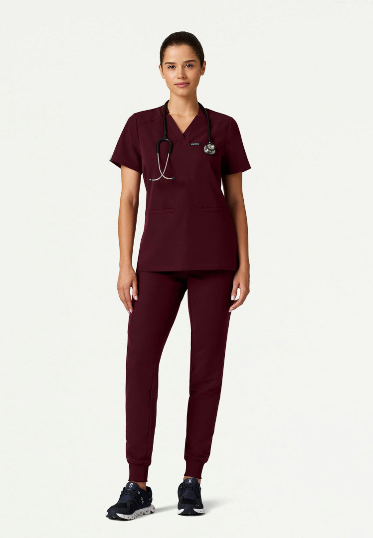 Helia Slim Notched V-Neck Scrub Top - Burgundy