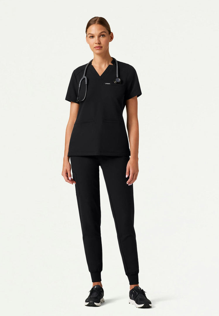 Helia Slim Notched V-Neck Scrub Top - Black