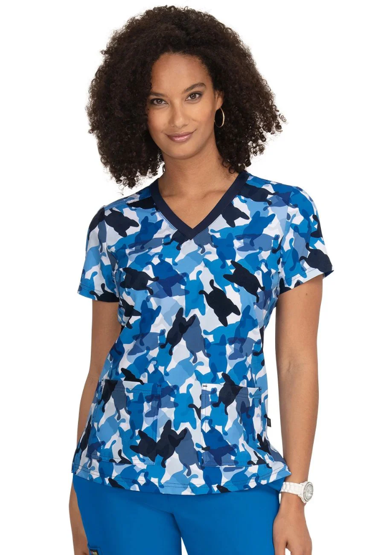 Koi Lulu Women's 2-Pocket Print Scrub Top - Navy Camo Frenchie