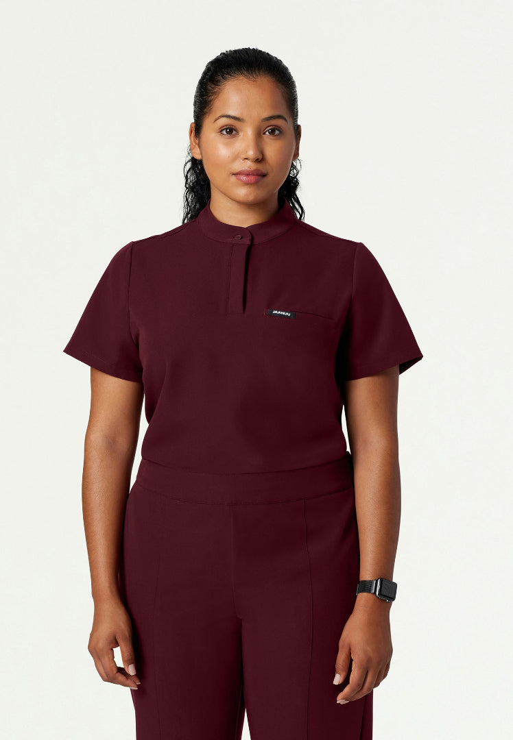 Savi Tuck-In Stand-Collar Scrub Top - Burgundy