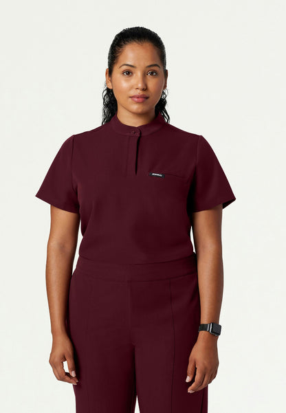 Savi Tuck-In Stand-Collar Scrub Top - Burgundy