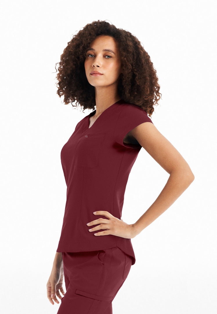 White Cross CRFT Women's 1 Pocket V-Neck Scrub Top - Wine - The Uniform Store