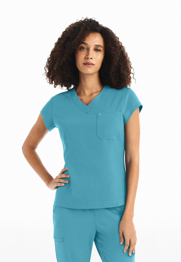 White Cross CRFT Women's 1 Pocket V-Neck Scrub Top - Poolside - The Uniform Store